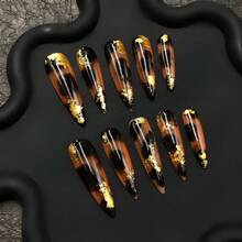 Professional Stiletto Press-On Nails - Peach Black Marble & Gold Flake 2026 Newest Handmade Removable Unique Fashion Statement Nail - CR204 - View 1