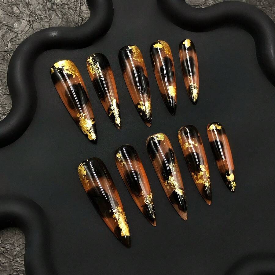 Professional Stiletto Press-On Nails - Peach Black Marble & Gold Flake 2026 Newest Handmade Removable Unique Fashion Statement Nail - CR204 - View 1