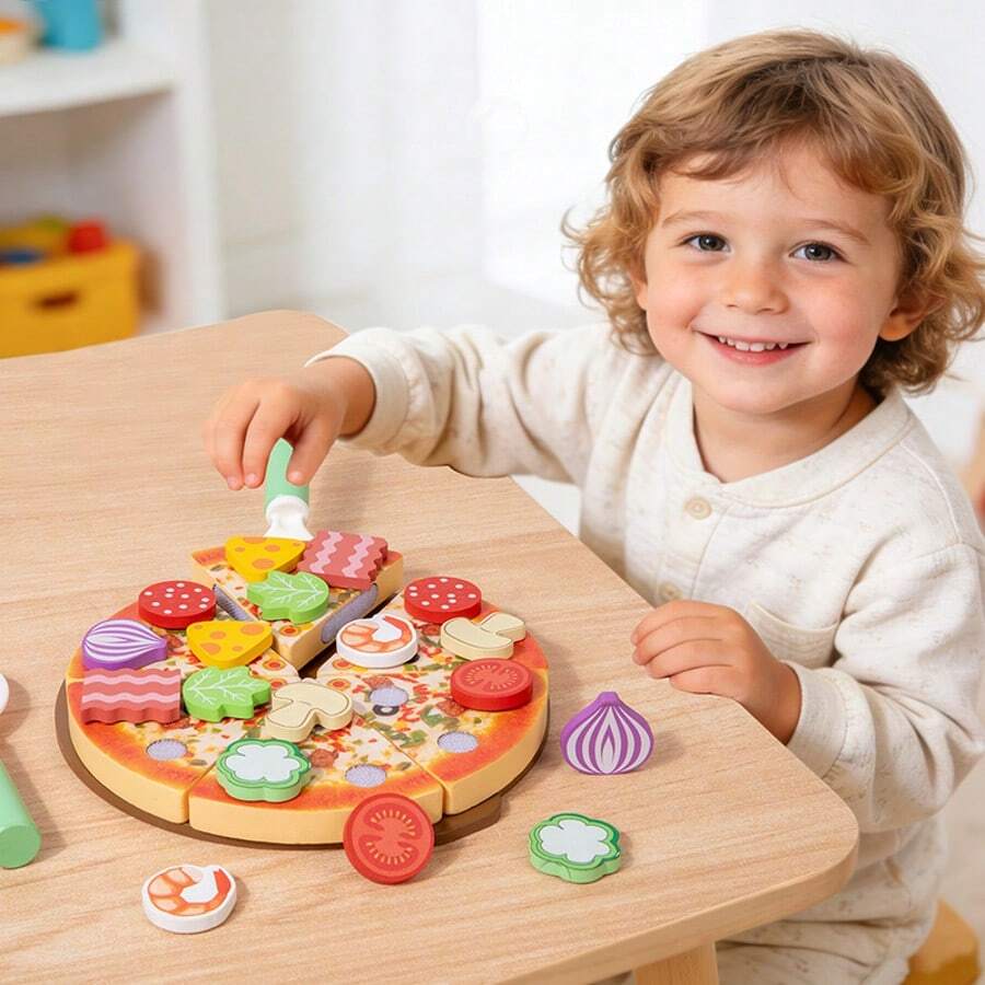 Kids Wooden Large Realistic Pizza DIY Pizza Cutting Play Set, Suitable As Birthday Gift Or Children's Day Gift For Boys And Girls