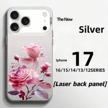 Personality Cartoon Pink Rose Flower For IPhone 17/16/15/14/13/12 Pro Max/Plus/Air With Fashion Full-Cover Protective Case Anti-Fall And Anti-Slip TPU Soft Case Creative Dopamine Color Mobile Phone Case Matching Cute Rose Pattern Romantic Culture Valentine's Day Technology Multiple Color Options - Transparent Silvery - View 2