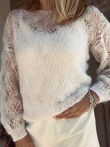 Women's Knitted Sheer Hollow-Out Long Sleeve Top, Suitable For Dates, Vacations, And Everyday Wear, Spring/Summer White - White - View 1