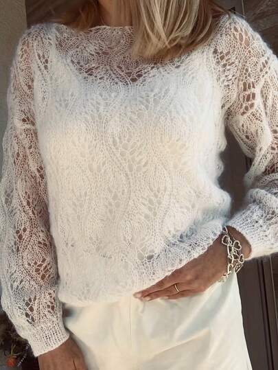 Women's Knitted Sheer Hollow-Out Long Sleeve Top, Suitable For Dates, Vacations, And Everyday Wear, Spring/Summer