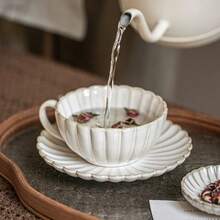 花瓣造型咖啡杯碟套装，活性釉陶瓷，下午茶杯碟，家用拉花杯，高美感 - 白色 - 查看 4