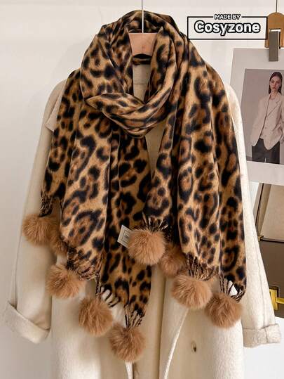 1pc Faux Cashmere Elegant Vintage Leopard Print Jacquard Pom Pom Scarf, Women Fashion Versatile Warm Shawl Wrap For Daily Outfit Decoration And Neck Protection