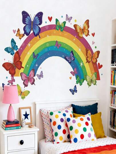 Kids Colorful Rainbow Butterfly Self-Adhesive Wall Stickers, Bedroom Home Decor, Heart Star Dreamlike Decorative Stickers