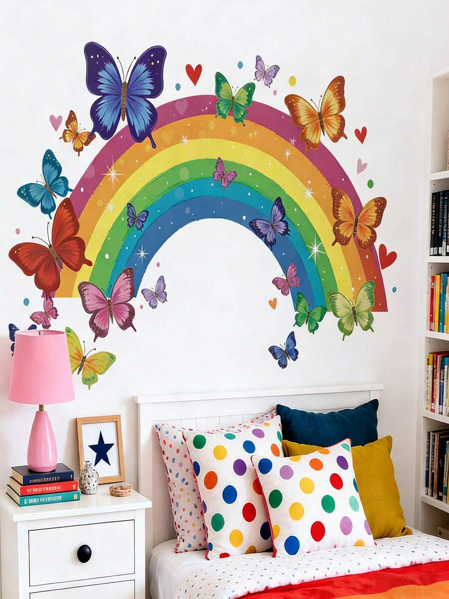 Kids Colorful Rainbow Butterfly Self-Adhesive Wall Stickers, Bedroom Home Decor, Heart Star Dreamlike Decorative Stickers - Baby Rainbow Wall Stickers - View 1