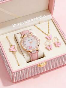 5 件套粉色鲸鱼设计女孩石英手表、蝴蝶吊坠项链、手链和耳环套装，最佳礼物选择
