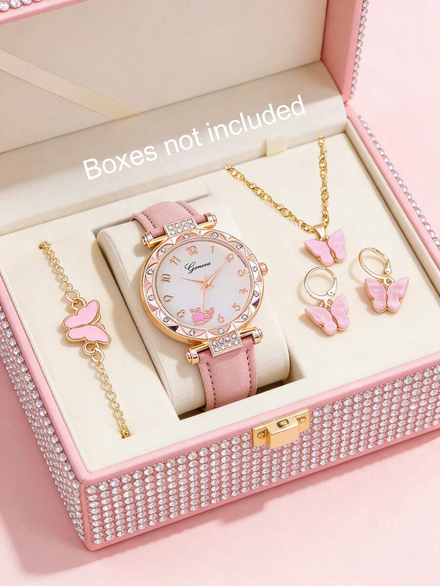 5 件套粉色鲸鱼设计女孩石英手表、蝴蝶吊坠项链、手链和耳环套装，最佳礼物选择