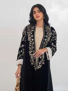 Hafizah 1pc Black Modest Velvet Embroidered Cardigan Abaya Robe - Black - View 5