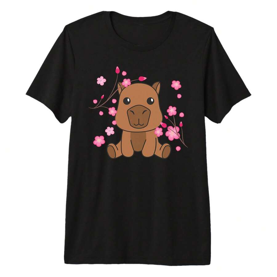 Capybara Cute Animals For  Kawaii Cherry Blossoms Premium Tri-Blend T-Shirtbody's Natural Curves Without Clinging, Offering A Balanced Mix Of Comfort And A Polished, Slimming Silhouette For Everyday Wear. - Black - View 1