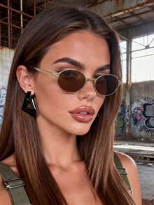 Visivana 1 Pair Unisex Small Oval Metal Sunglasses, Fashionable & Versatile, Ideal For Vacation, Travel, Beach, Festivals, Sports, Outdoor, Party, Street Style - Golden Tea - View 6