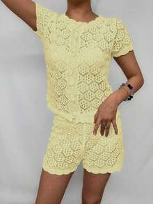 Women's Summer Vacation Set, Crochet Mesh Sexy Hollow Out Beach Short Sleeve Knit Cover Up + Shorts 2 Piece Set - Women's Vacation 2 Piece Set, Crochet Cover Up Nightclub Outfit, Women's Sexy Fitted Style - 淺黃色 - 查看 10