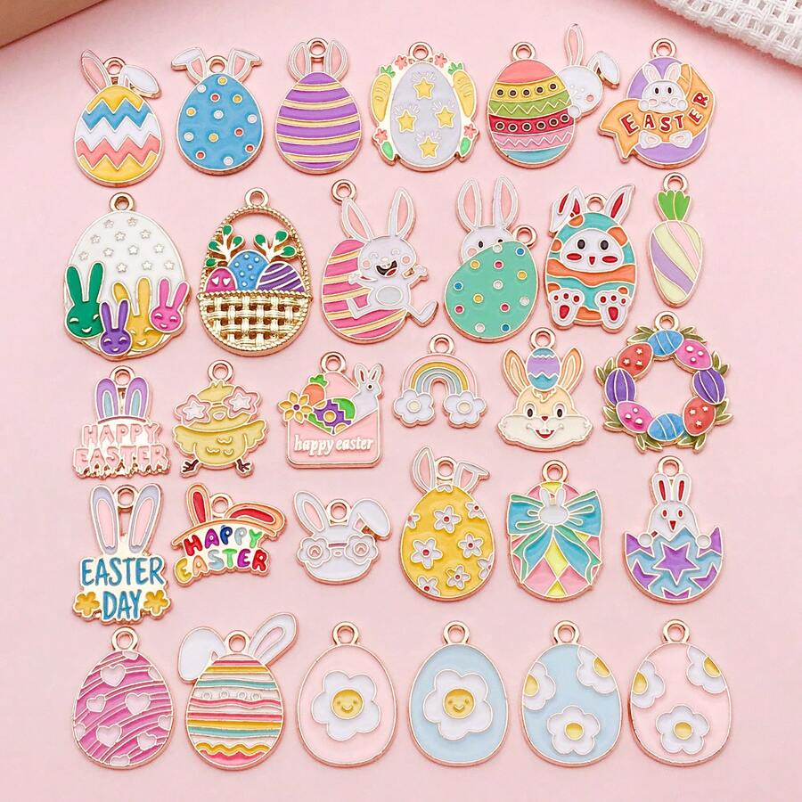 56pcs Easter Egg & Rabbit Shaped Zinc Alloy Pendant DIY Jewelry Making Supplies - Multicolor - View 1