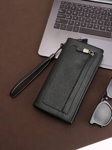 HOVI'S Men Clutch Bag Black Litchi Texture PU Zipper & Snap Button Wrist Strap - Large Capacity Phone Holder Multi Card Slots New Year Gift Valentine's Day Gift