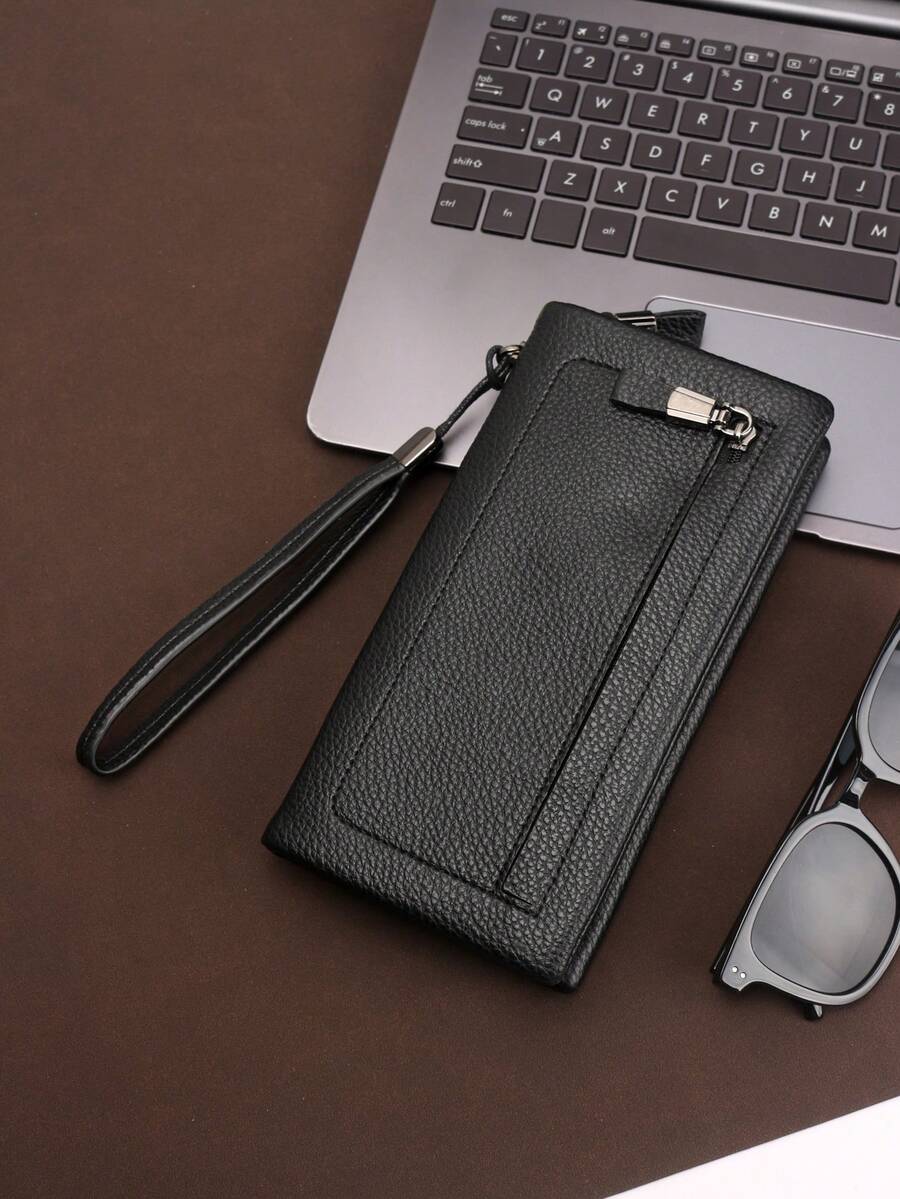 HOVI'S Men Clutch Bag Black Litchi Texture PU Zipper & Snap Button Wrist Strap - Large Capacity Phone Holder Multi Card Slots New Year Gift Valentine's Day Gift