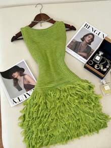 Women's Fashionable Elegant Casual Party Vacation Style Green Tassel Design Sleeveless Square Neck Knit Dress, Women's Summer Set, Women's Spring Vacation Set, Women's Elegant Party Dress, Women's Vacation Dress, Women's Green Dress - Lime Green - View 6