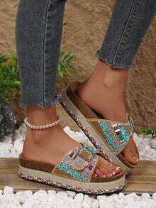 2026 Spring/Summer New Women's Sandals, Double Buckle, Rhinestone Fashion Thick-Sole Slippers, Random Floral Pattern, Essential For Vacation & Beach, Suitable For All-Day Wear - Gold - View 5