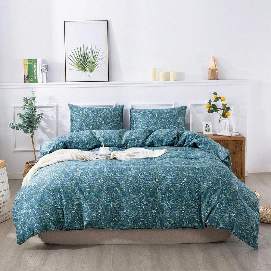 Blue Floral Duvet Cover Queen Soft Cotton Flower Pattern Botanical Bedding Sets 1 Duvet Cover With 2 Pillowcases Vintage Floral Style Variant 2 - 復古花卉 - 查看 1