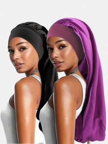 3pcs Women's Multi-Color Long Hair Sleeping Cap, Faux Silk Stretchy Turban Headband, Beauty Hair Care Headwear