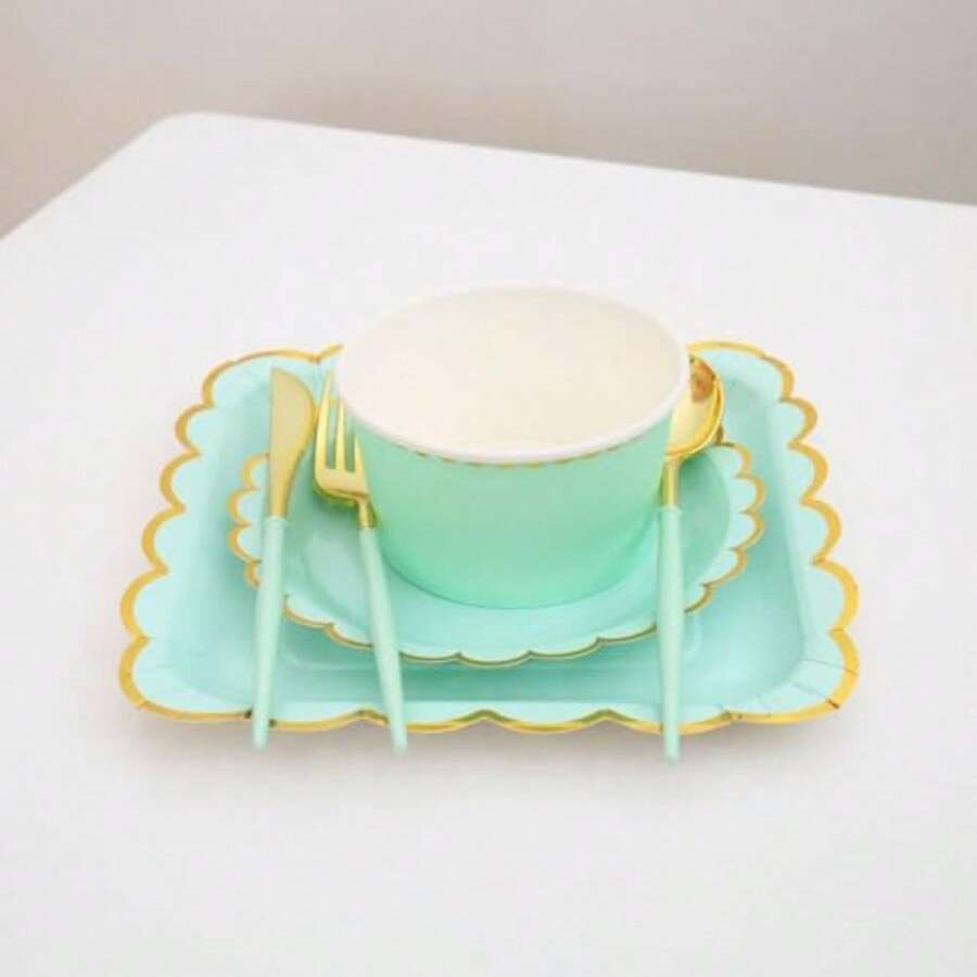 CYPNSet de Vajilla para Fiestas Elegante con Bordes Dorados - 40 Piezas Incluye Platos 9'' y 7'' Vasos Cuencos de Papel Diseño Macarons Servicio de Mesa Premium AmarilloFashion - 219617886 - Ver 1