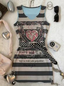 Women's Sleeveless Striped Casual Dress, Street Style, Heart Wing Print, Spring/Summer - Multicolor - View 3