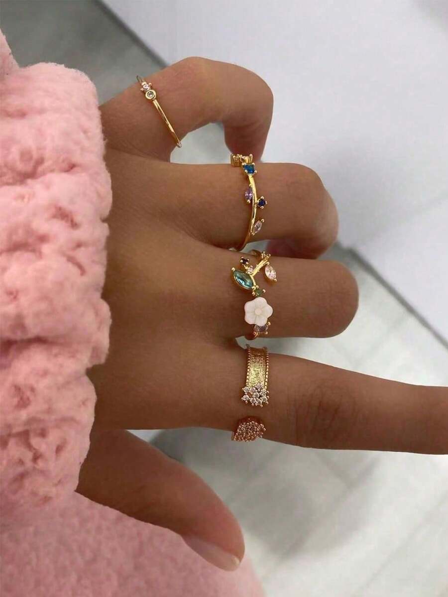 4 piezas Anillo decorado con rhinestones y flores, regalo para San Valentín, mamá, madre, Día de la Madre