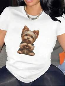 Damen Schwarzes Yorkshire Terrier Druck T-Shirt - Süßes Yorkshire Terrier Welpen Kurzarmoberteil, Leichter Stretch, Rundhalsausschnitt Lässiger Stil, Geeignet für Yorkshire Terrier Liebhaber, Maschinenwaschbare Haustierbesitzerbekleidung - Weiss - Übersicht 11