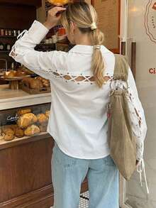 White Relaxed Fit Button Up Blouse | Tie Cuff Flap Pocket Shirt For Date & Brunch - White - View 6