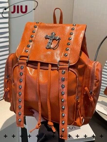 Y2K Street-Style PU Soft Leder Klappe Rucksack Damen Tasche; Multifunktionale stilvolle Nieten Tagstasche; Mehrtaschiger leichter Kordelzug Reisetasche; Große Kapazität einfache Schultasche; Praktische Büchertasche für Studenten, Krankenschwestern, Lehrer, Geschäftsleute, Reisen, Geschäftsreisen, tägliche Fahrten, Einkaufen, Büro, Dates, Wandern, Training, Arbeit, Geburtstagsgeschenke, Urlaubsgeschenke - Verschiedenfarbig - Übersicht 13