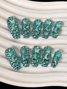 Valentine's Day Coffin Nails Y2K Handmade Press-On Nails With Transparent Tips, Mint Blue Rhinestones & Sparkling Full-Coverage 3D Designs - Full Cover DIY Glitter Artificial Nails, False Nails For Parties, Outdoor, Beach, Daily, Holidays, Gatherings, Work & Special Events - 10pcs/Bag - Mint Blue - View 5