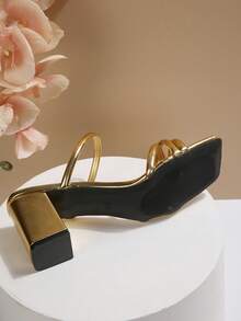 Giày sandal quai mảnh kiểu Pháp cổ điển dành cho nữ, sandal quai ngang gót chunky thanh lịch mới cho mùa hè. - Vàng - Xem 6