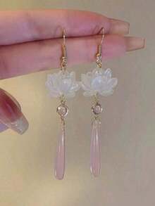 1 Pair New Chinese Style Lotus Flower Cat Eye Stone Teardrop Dangle Earrings For Women Elegant Hanfu Accessories Perfect For Daily Wear Cultural And Traditional Jewelry MMDB - 粉色 - 查看 9