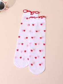 1 Pair Baby/Toddler Girls' Heart Pattern Mid-Calf Socks, Breathable Mesh Stockings, Heart Element, Versatile Daily All-Match Socks, Spring/Summer - Red and White - View 11