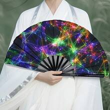 1pc 13-Inch Glow-In-The-Dark Neon Grid Folding Fan - Music Festival, Tech Party, Cyberpunk Costume, Dance Performance, Futuristic Role-Play, Stage Event, High-End Party Prop And Cool Summer Gift