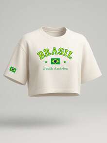 Women's Oversized Cropped Top – Brazilian Flag, Premium Print, Casual Fashion - Kem - Xem 1