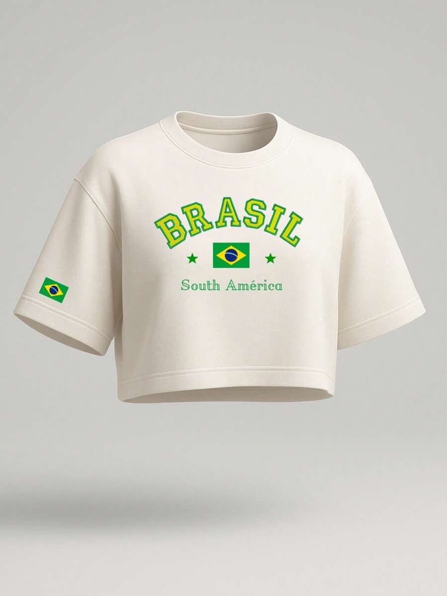 Women's Oversized Cropped Top – Brazilian Flag, Premium Print, Casual Fashion - Kem - Xem 1