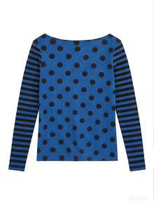 女士波点条纹印花长袖修身T恤 - 藍色 - 查看 3