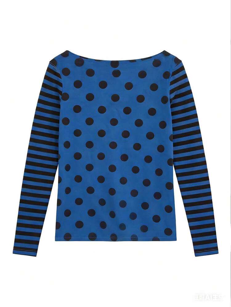 ポルカドット&ストライプ柄 長袖 フィットTシャツ レディース