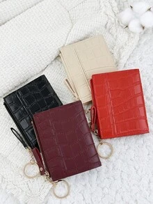 Móc khóa dây xích, ví nhỏ gấp gọn màu đỏ tía trang trí chữ cái, ví đựng tiền xu và thẻ kiểu dáng tối giản nhẹ nhàng dành cho nữ, quà tặng thời trang dễ thương nhân dịp sinh nhật, Giáng sinh, kỷ niệm cho phái nữ, quà tặng doanh nhân, sinh nhật, Giáng sinh, Ngày Valentine. - Màu Đỏ Sâu - Xem 5