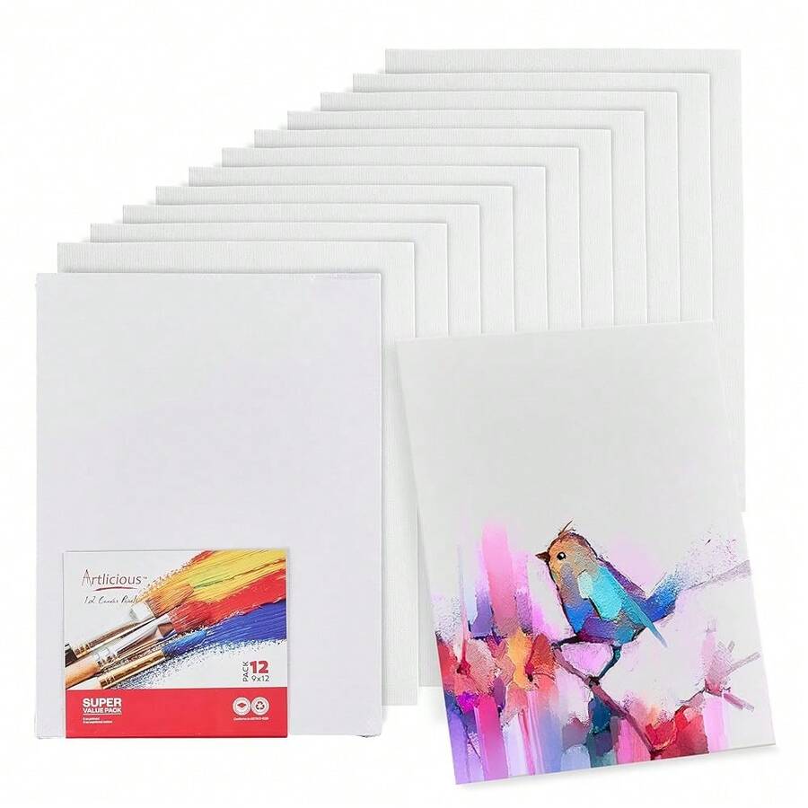 Canvases For Painting - Pack Of 12, 9 X 12 Inch Blank White Canvas Boards - 1OO% Cotton Art Panels For Oil, Acrylic & Watercolor Paint - 9x12吋-12件裝 - 查看 1