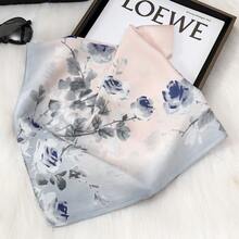 French-Inspired Floral Silk Scarf For Spring & Summer, Lightweight Faux Silk Neck & Head Scarf, Chic Pink Floral Print Sun Protection - 紫色 - 查看 4