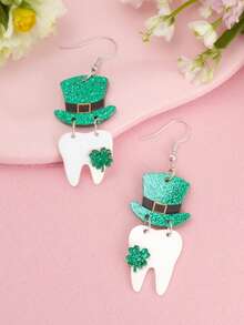 1 对可爱的圣帕特里克节四叶草帽子和牙齿形状亚克力耳环