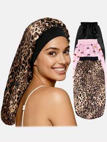 3件装女士多色长发睡眠帽，仿丝弹力头巾，美发护理头饰