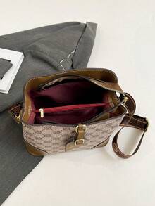 复古时尚小众单肩斜挎宽肩带大容量水桶包 - 灰色 - 查看 10