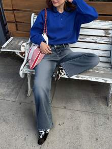 Jeans casuales de mujer con decoración de cinturón asimétrico lavado y bolsillos laterales, estilo Y2K - Azul desgastado - Ver 5