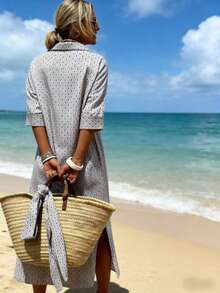 女士宽松下摆开衩短袖衬衫裙，轻薄涤纶面料，落肩设计，休闲优雅商务时尚连衣裙，建议选择小一码以获得宽松版型，适合春夏日常办公、度假、旅行穿着。 - 灰色 - 查看 5