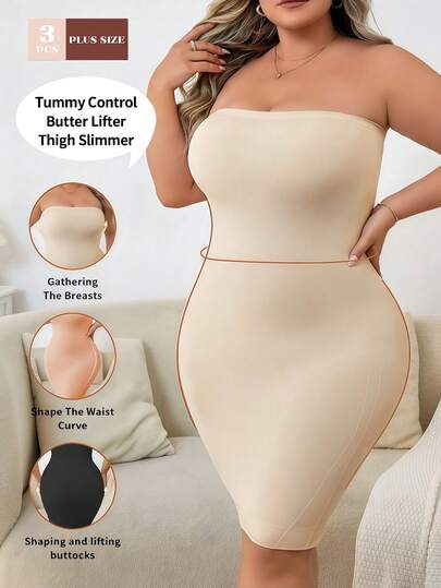 LRNG XMNG EA 3 piezas Ropa interior sin costuras sin tirantes, cómoda, elástica y transpirable de unicolor elegante y casual sin mangas para mujer de talla grande. Vestido ceñido sin espalda de gran elasticidad