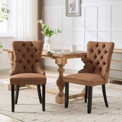Modern And High-End Nikki Collection Dining Chair, Upholstered In Linen, With Solid Wood Legs And Stud Details, Coffee Color, DE6801CF.