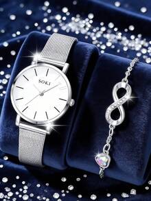 SOKI SOKI 一套女士手表，网状表带，时尚休闲，圆形表盘，石英机芯，搭配心形装饰链手链，适合日常佩戴、生日礼物、派对、节日聚会，是送给自己或朋友的理想礼物。不含包装。 - 銀色 - 查看 7