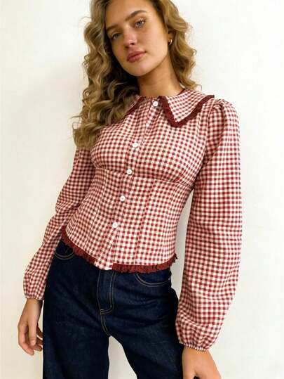 Womens Shirts Puff Long Sleeve Doll Collar Button Down Plaid Print Fashion Blouses